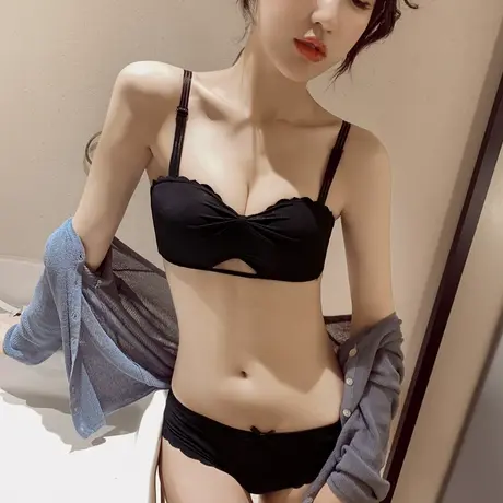 内衣女无钢圈性感无肩带美背露肩上托防滑调整型小胸聚拢文胸套装商品大图
