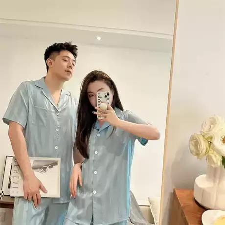 美思【情侣款】简约舒适提花仿丝质感睡衣套装短袖男女士家居服商品大图