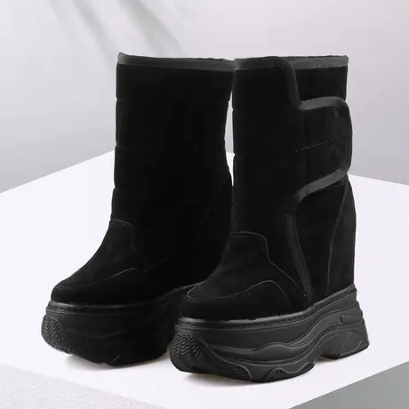 12cm内增高雪地靴女冬季加绒加厚棉鞋魔术贴真皮防水松糕跟中筒靴商品大图