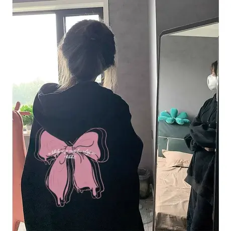 黑色连帽衫卫衣女装春秋季新款美式复古大码外套上衣胖mm2-300斤商品大图
