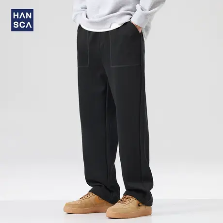 hansca卫裤男秋冬款潮牌重磅黑色休闲运动大码宽松直筒拖地长裤子商品大图