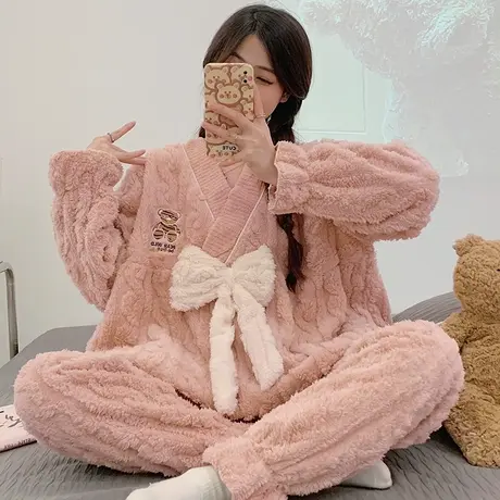 珊瑚绒睡衣女秋冬套头冬款法兰绒女士加绒加厚家居服冬季2023新款商品大图