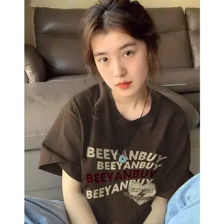 胖mm新款夏日多巴胺穿搭上衣潮美式复古大码正肩短袖t恤女2-300斤商品大图