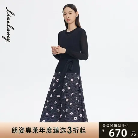 悦朗姿LANCY商场同款收腰连衣裙22春季新款长袖通勤时尚裙子专柜图片