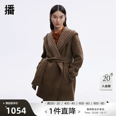 播美拉德冬季新款100%羊毛包边反面格纹短款毛呢大衣女BDP4AD1026图片
