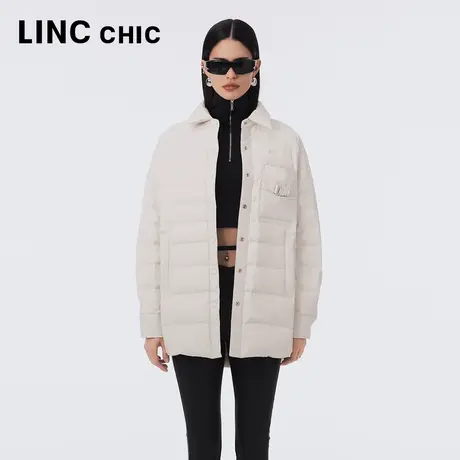 LINCCHIC金羽杰羽绒服女2023年秋季新款简约微落肩中长款轻薄外套商品大图