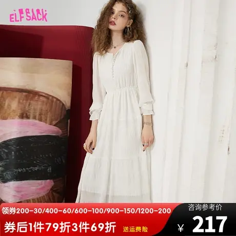 妖精的口袋褶皱雪纺白色连衣裙女2023春秋季新款长袖气质仙女裙子图片