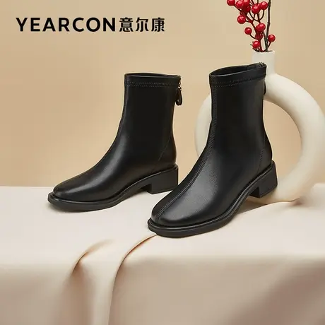 意尔康女靴2023新款秋季短靴女单靴瘦瘦靴粗跟中跟中筒靴子英伦风图片