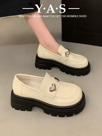 黑色英伦风百搭厚底小皮鞋女2024春季新款法式复古一脚蹬乐福单鞋商品大图