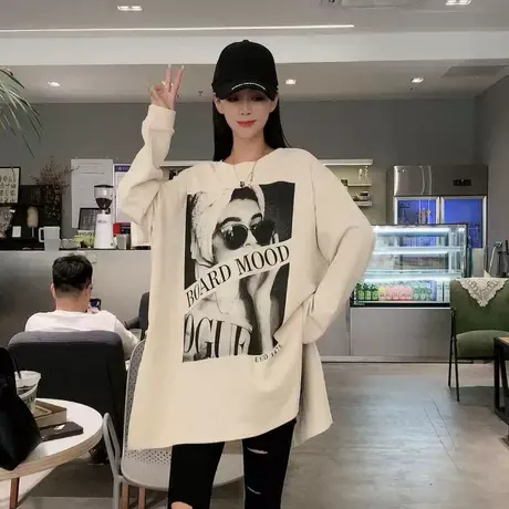 美式复古长袖薄款圆领防晒罩衫女初秋设计感下身失踪慵懒T恤上衣商品大图
