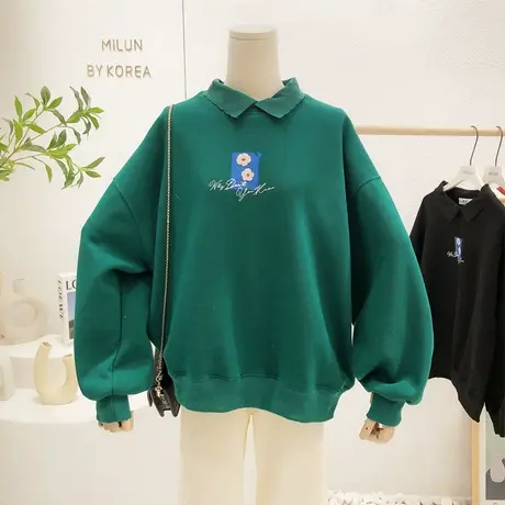 2022早春新款韩国东大门复古宽松古着感花朵小翻领卫衣打底衫红色图片