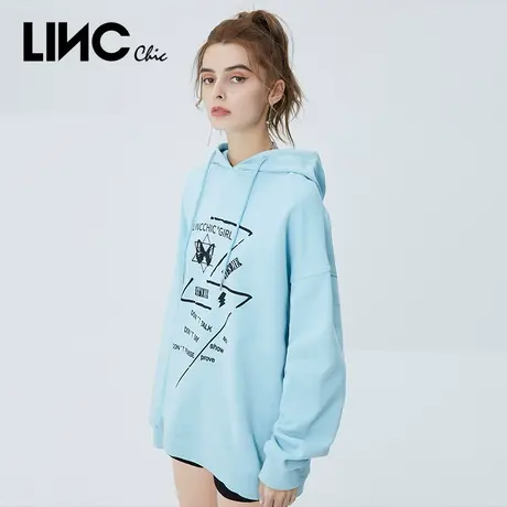 LINC金羽杰2023秋季新款廓形宽松长款oversize字母印花连帽卫衣女商品大图