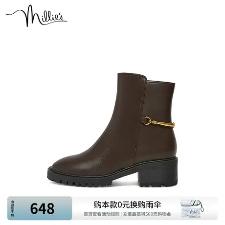 millie's妙丽冬新款牛皮时尚简约金属链条时装女短靴SFW24DD2商品大图