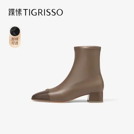 蹀愫冬袜靴粗跟棕色弹力靴加绒瘦瘦靴TA54711-11图片