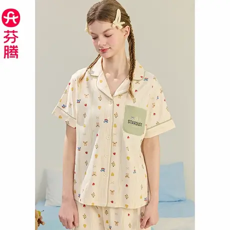 芬腾睡衣女夏季新款纯棉短袖女款全棉卡通可爱休闲大码家居服套装商品大图