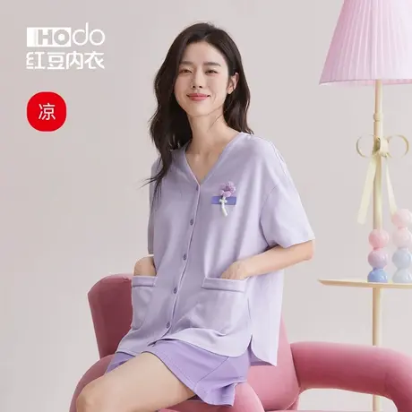 红豆女士睡衣夏季薄款棉质短袖短裤华夫格居家服透气家居服套装女图片