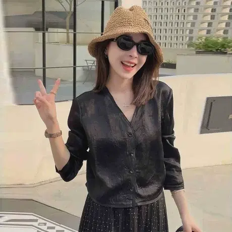 欧货设计感小众褶皱醋酸开衫外套女2025春秋宽松休闲薄款防晒上衣商品大图
