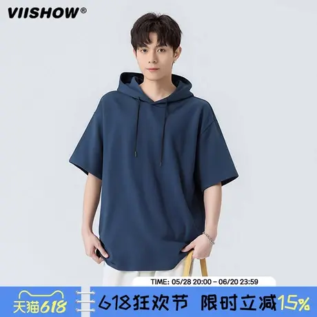 VIISHOW连帽短袖t恤男生夏季美式潮牌宽松凉感半袖体恤帽衫上衣商品大图
