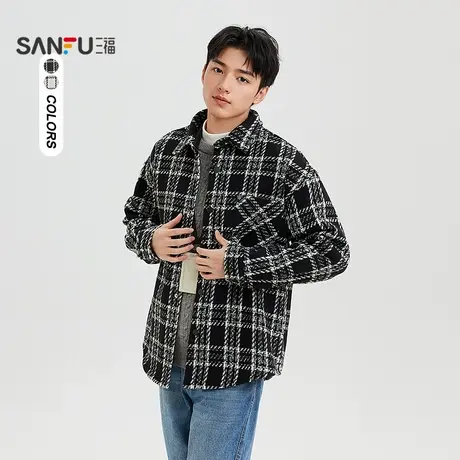 三福2025春季男士小香风长衬衫 都市时尚翻领通勤上衣男496794商品大图
