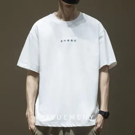 日系简约刺绣短袖T恤男士2025夏季新款宽松大码潮牌休闲半袖体恤商品大图