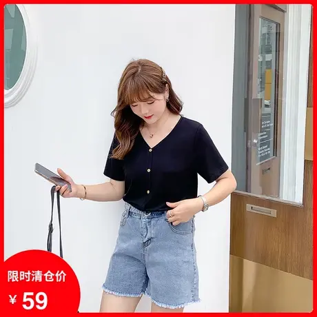 2023夏季新款大码针织短袖女修身夏胖mm上衣显瘦遮肉短款纯色百搭图片
