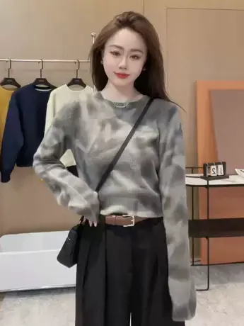 时髦设计感撞色扎染圆领长袖针织衫女2023秋季新款潮流个性上衣潮图片