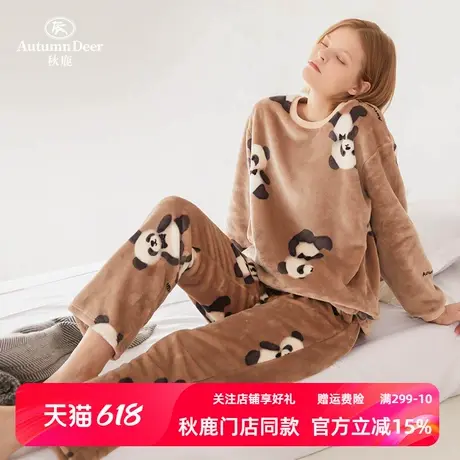 【抗静电】秋鹿法兰绒套头宽松睡衣女冬加厚可爱小熊法兰绒家居服商品大图