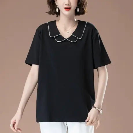 翻领短袖T恤女夏季宽松加大码女装中年妈妈洋气纯棉娃娃领体恤衫图片