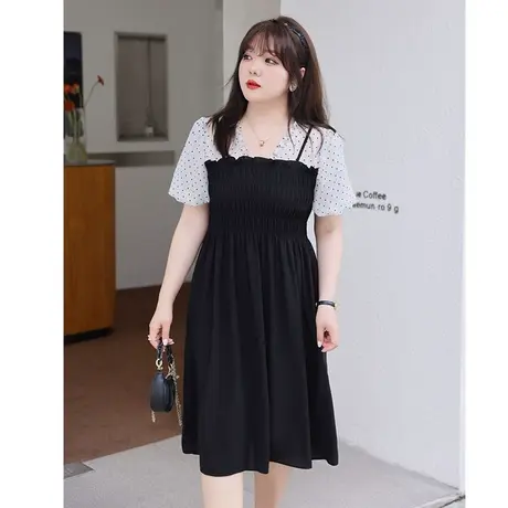 2023年夏装新款v领显瘦收腰假两件吊带长裙子拼接胖mm大码连衣裙图片