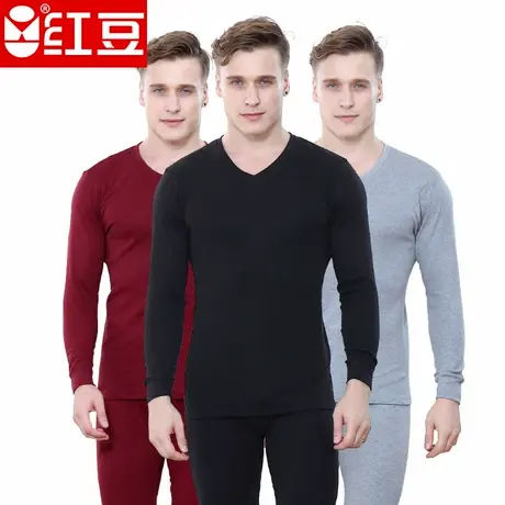 红豆男V领秋冬精梳纯棉青年红色本命年结婚保暖秋衣秋裤内衣套装商品大图