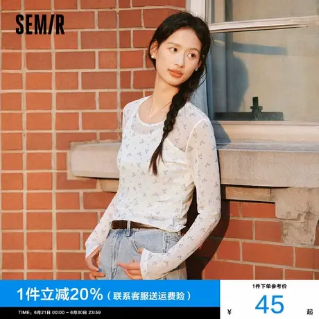 森马长袖T恤女设计感满印修身叠穿2025春季新款薄透网纱上衣温柔商品大图