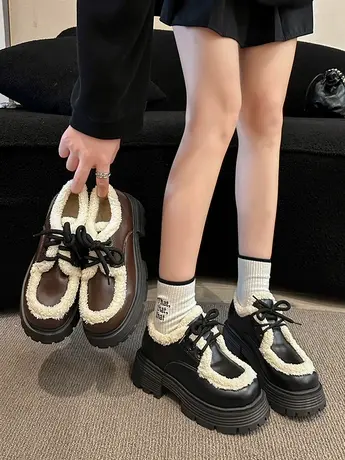 羊羔毛加绒加厚单鞋女2023冬季新款系带圆头拼色粗跟厚底保暖棉鞋商品大图