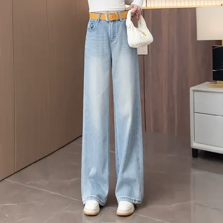 拉夏贝尔窄版牛仔裤女2025秋季高腰显瘦直筒长裤宽松休闲阔腿裤子商品大图