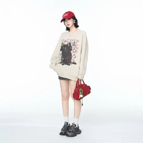 YEP春秋新款猫咪印花圆领卫衣女美式潮牌宽松休闲外套情侣款上衣图片