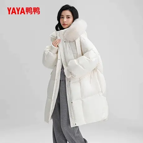 鸭鸭羽绒服女2025年冬季新品长款连帽狐狸毛领时尚保暖外套X商品大图
