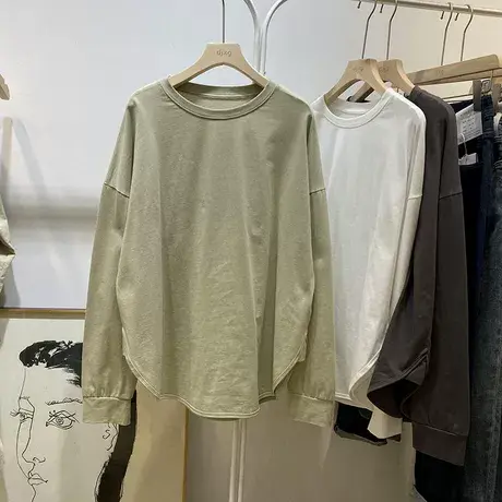 纯色弧形下摆长袖T恤女春秋季韩版宽松简约打底衫内搭纯棉上衣潮图片