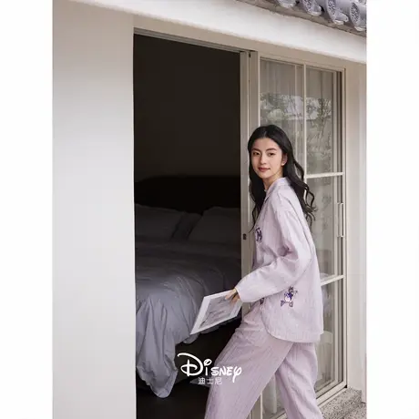 迪士尼新款睡衣女春秋季甜美条纹长袖套装少女可外穿柔软棉家居服商品大图