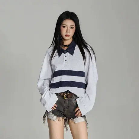 美式潮牌撞色条纹脏脏做旧Polo领卫衣女春秋新款宽松复古情侣上衣商品大图