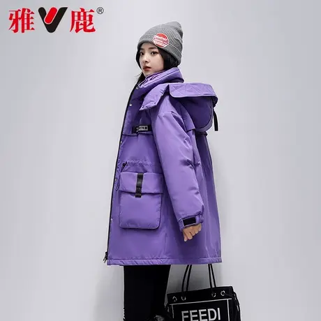 雅鹿羽绒服女新款白鸭绒中长款工装派克服紫色品牌冬装外套商品大图