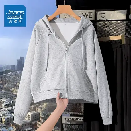 KMV真维斯灰色连帽卫衣女2025新款春秋款小个子早秋短款外套上衣商品大图