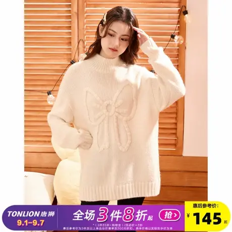唐狮2024新款白色毛衣女秋冬半高领宽松甜美蝴蝶结奶呼呼软糯毛衣图片