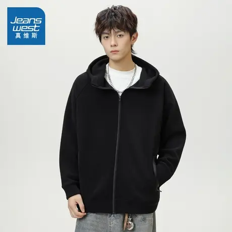 D4真维斯黑色宽松男装连帽外套 2025秋季新品 男士港风时尚夹克商品大图
