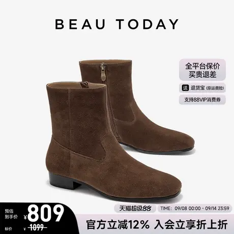 BeauToday复古短筒靴女款2025新款秋冬季粗跟英伦风棕色短靴女靴图片
