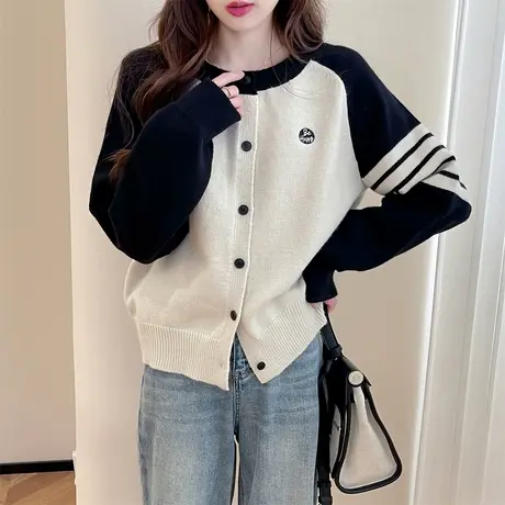 唐狮秋冬季毛衣女撞色插肩袖刺绣针织开衫女春秋外套高级时尚tu商品大图