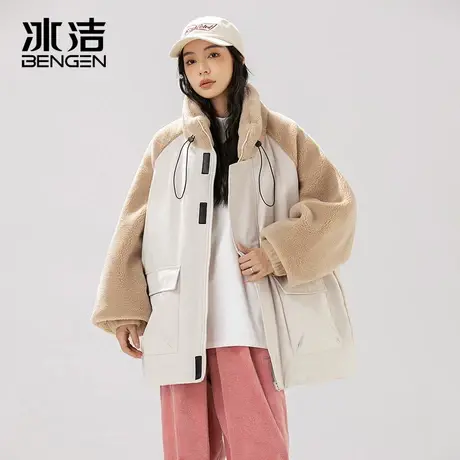 冰洁宽松棉服女2023秋冬季新款情侣装摇粒绒拼接时尚保暖外套MYY商品大图