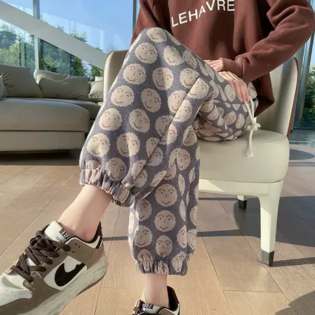 毛呢束脚直筒哈伦裤女秋冬灯笼裤加厚高腰显瘦印花羊绒松紧腰花裤图片