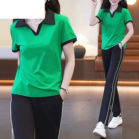 恋上17号纯棉T恤休闲运动服套装女夏2023新款中年妈妈显瘦V领套装商品大图