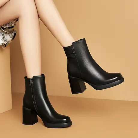 冬季新款短靴女保暖加绒高跟真皮靴子女防水台软皮粗跟棕色女靴商品大图