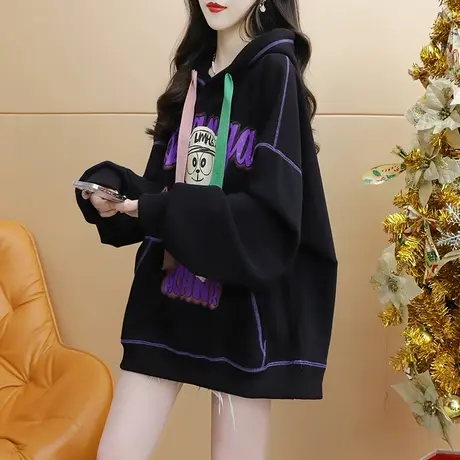 加绒加厚连帽卫衣外套女2023新款秋冬洋气减龄网红宽松设计感上衣商品大图