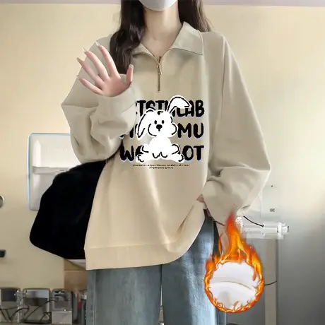 韩系休闲翻领上衣女大码秋冬加绒保暖卫衣ins潮设计感polo领外套商品大图